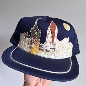 vintage NASA SPaceshit rocket launch trucker hat mesh snapback blue puff